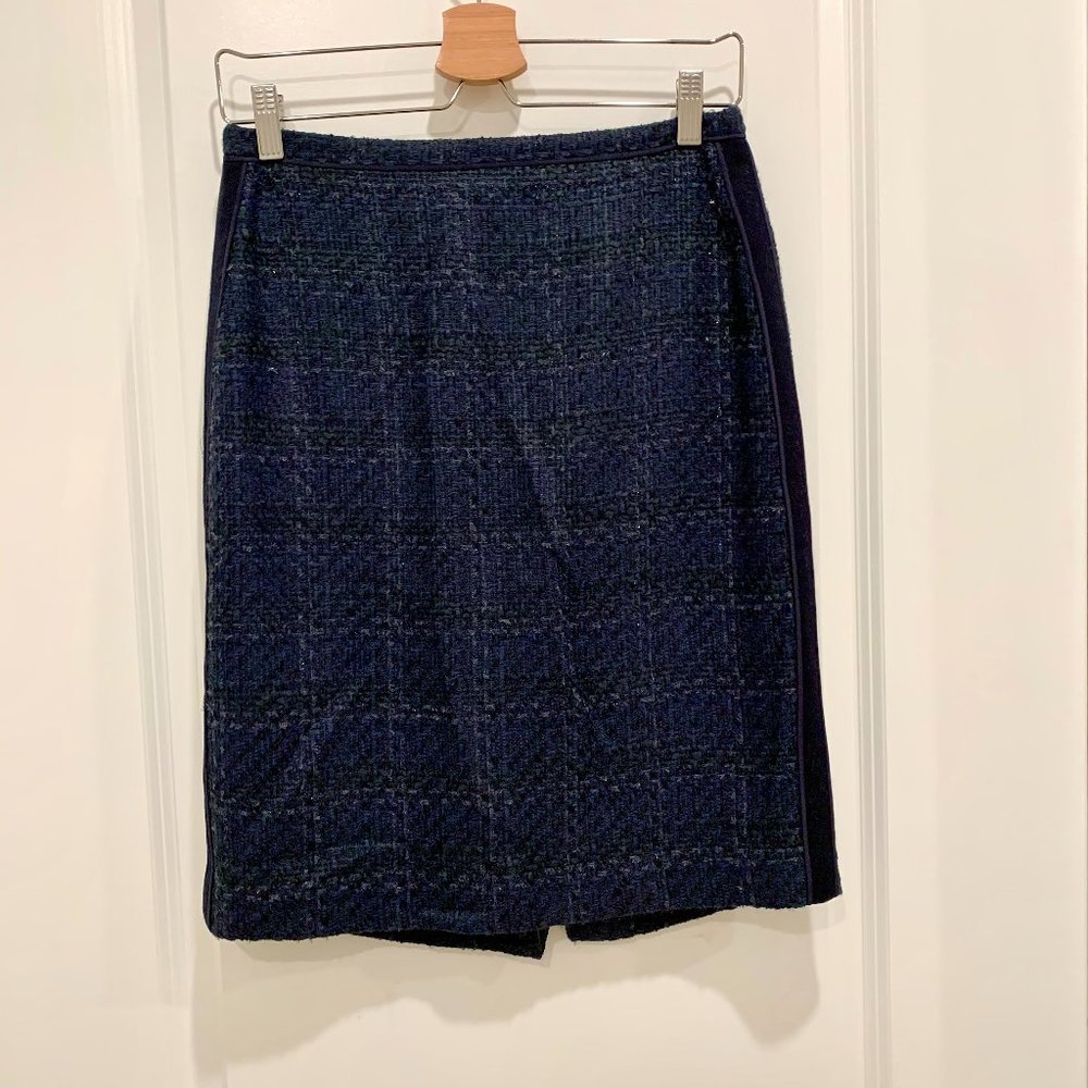 COPY - Tory Burch Navy Drew Glazed Tweed Plaid Shimmer Wool Pencil Skirt Size 6